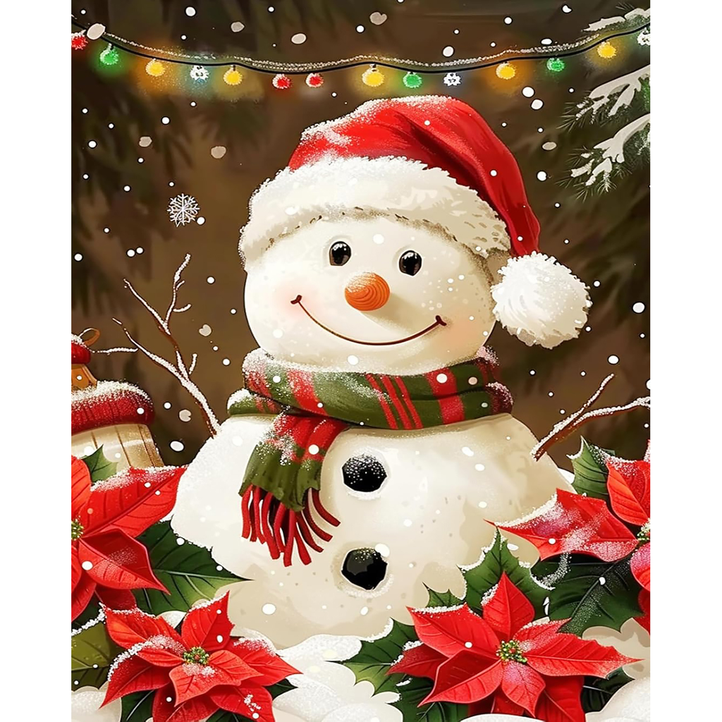 Snowman Poinsettia Celebration paint by numbers completed artwork on a clean white background