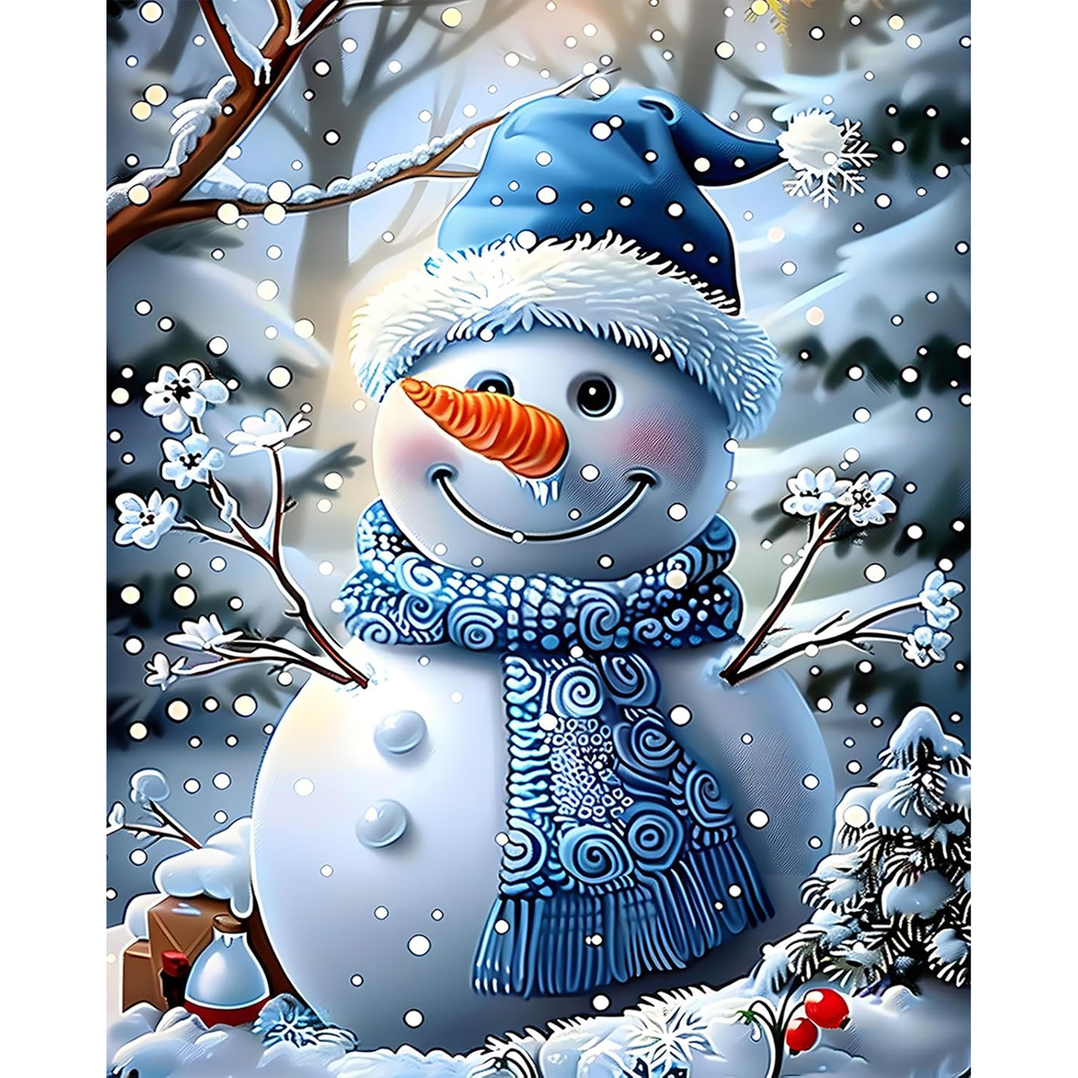 Snowman Winter Garden paint by numbers completed artwork on a clean white background