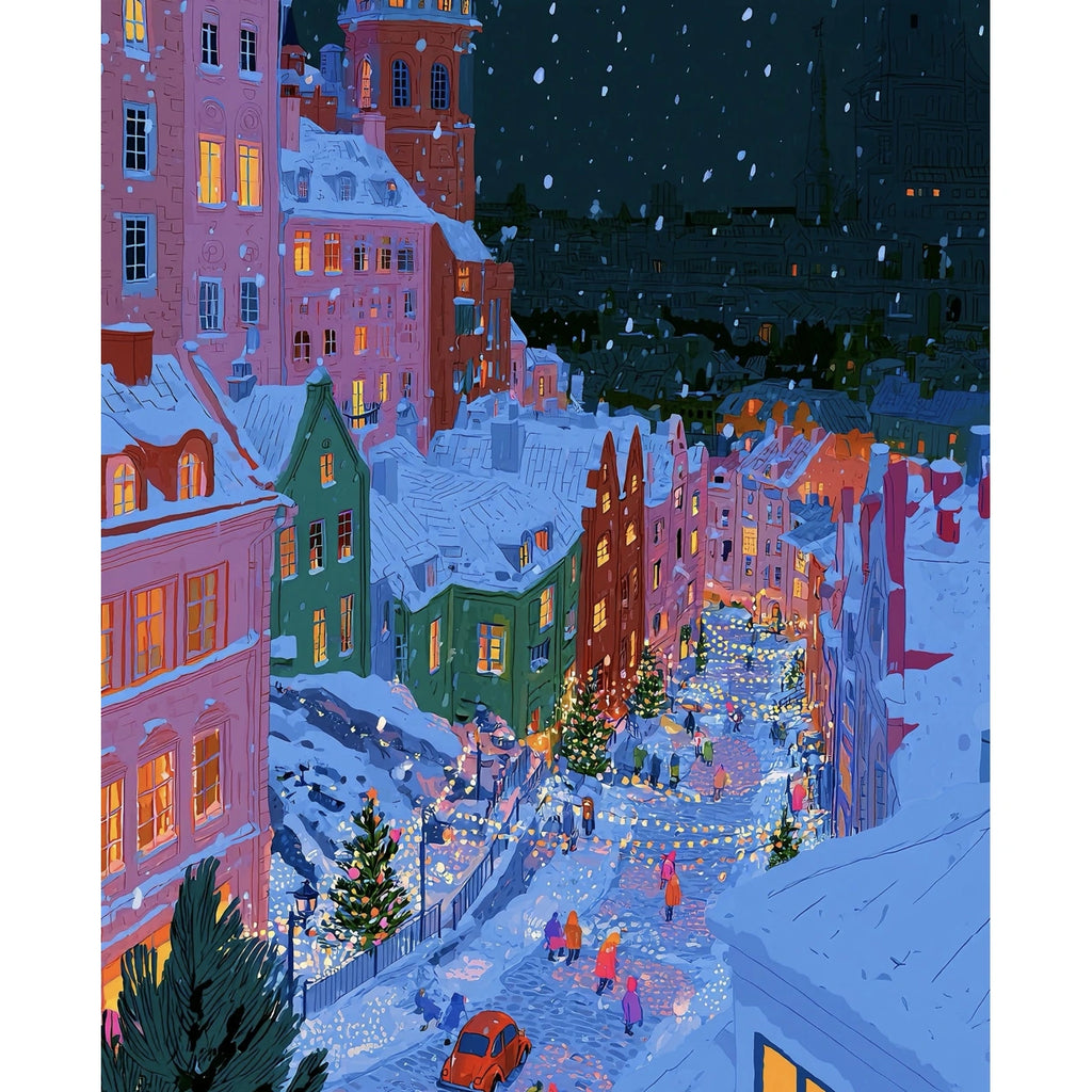 Original Snowy Alpine Village Christmas Street with Red Car paint by numbers artwork