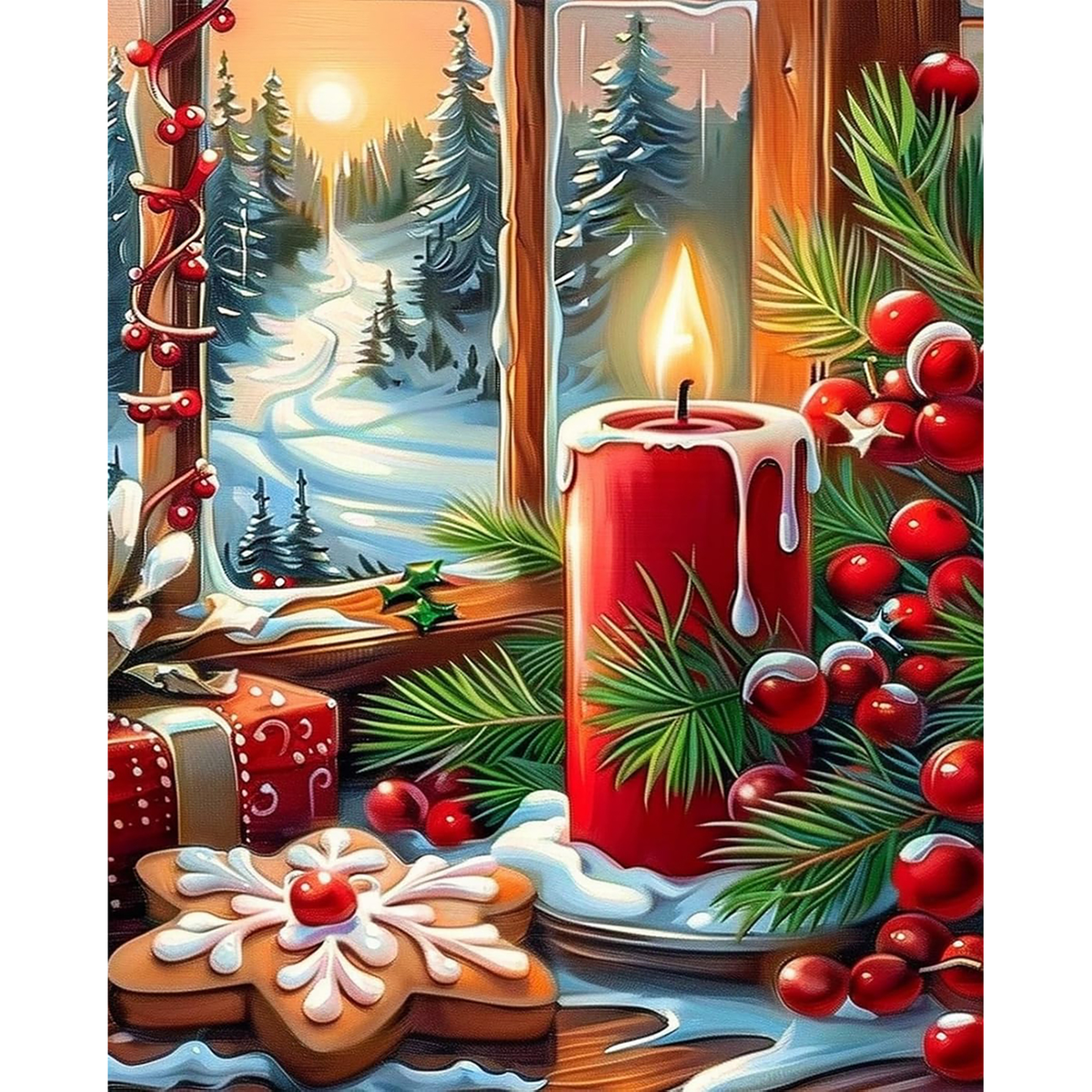 Snowy Candlelit Christmas Window paint by numbers completed artwork on a clean white background