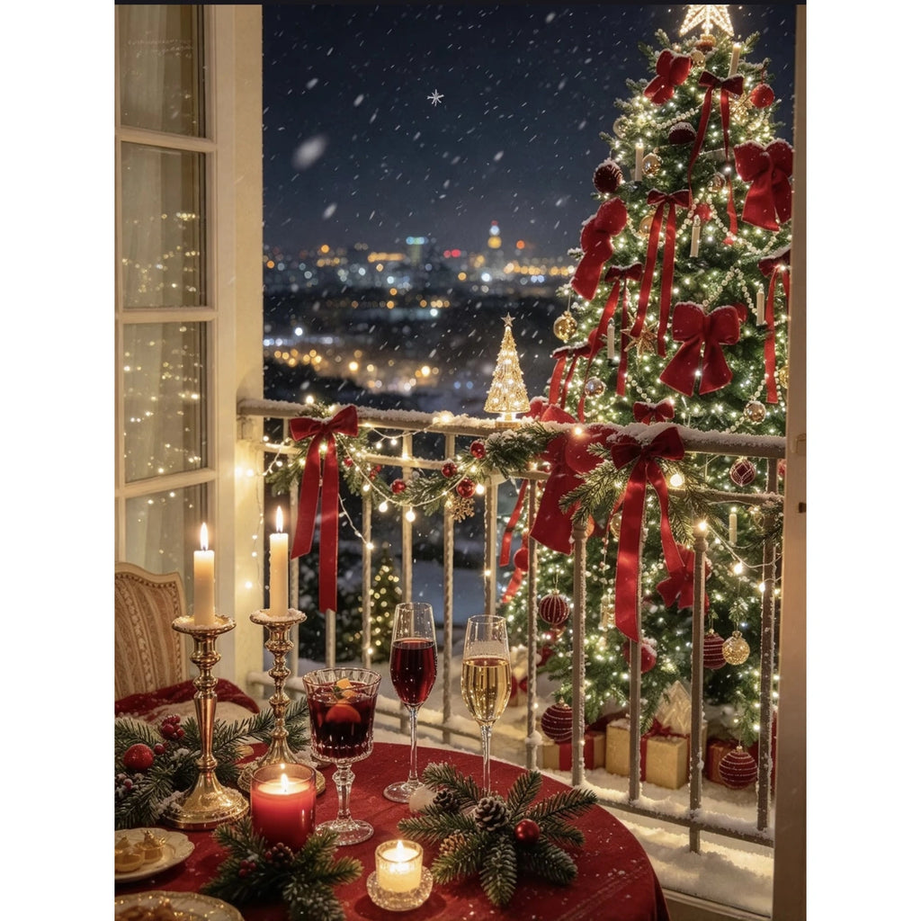 Original Snowy Christmas Balcony with Red Bow Tree paint by numbers artwork