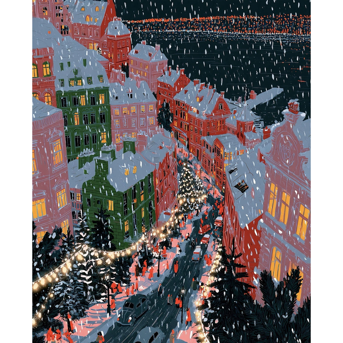 Original Snowy Christmas Town Square with String Lights paint by numbers artwork