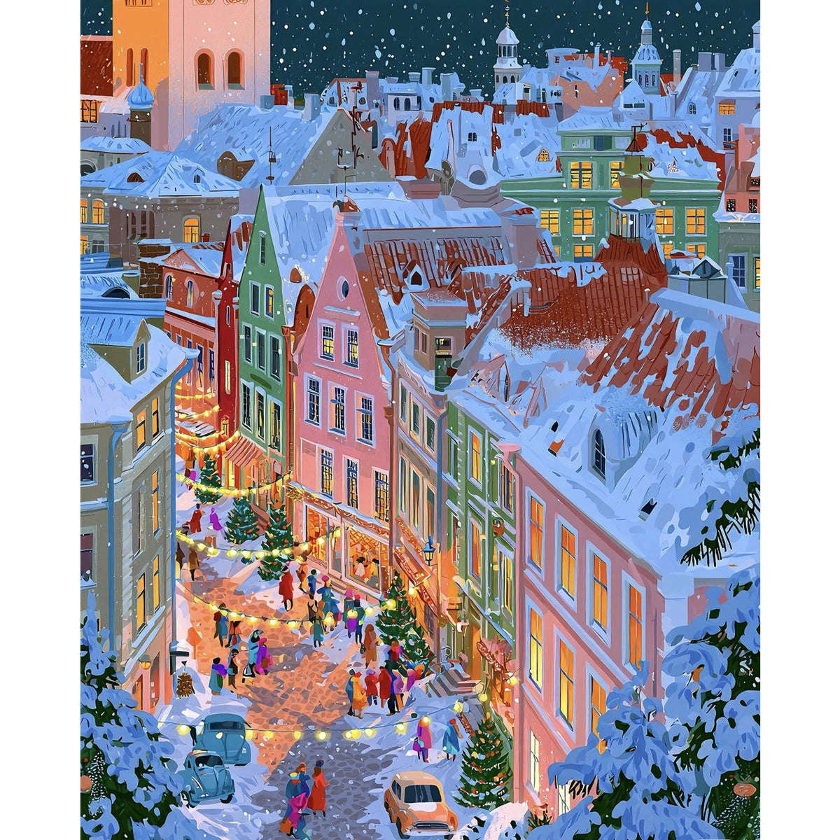 Original Snowy Colorful Christmas Market Town with Clock Tower paint by numbers artwork.