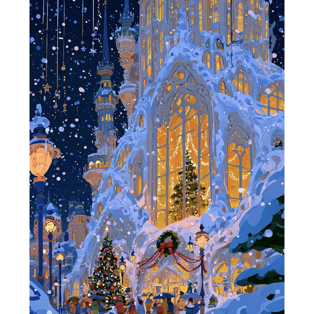 Original Snowy Gothic Church with Stained Glass at Christmas paint by numbers artwork