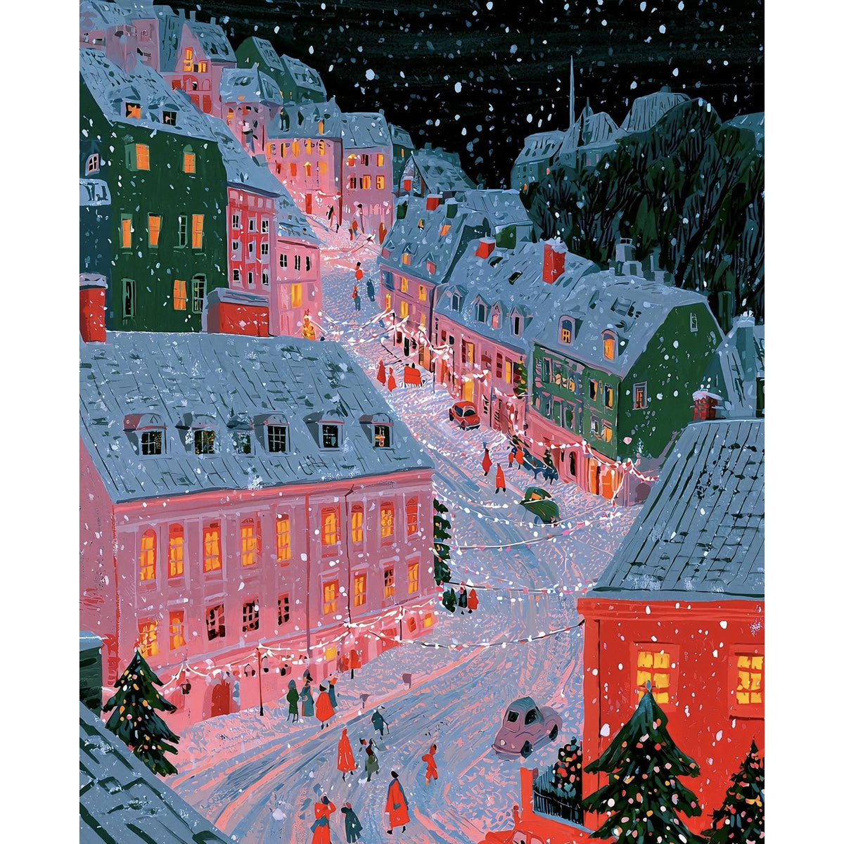 Original Snowy Pink and Green European Christmas Street paint by numbers artwork