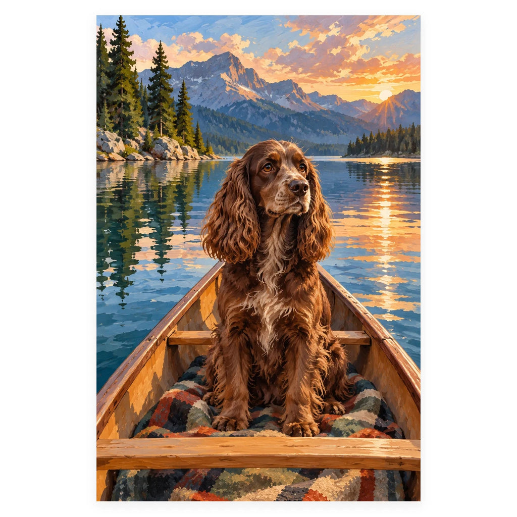 Spaniel in a Canoe completed artwork on a clean white background