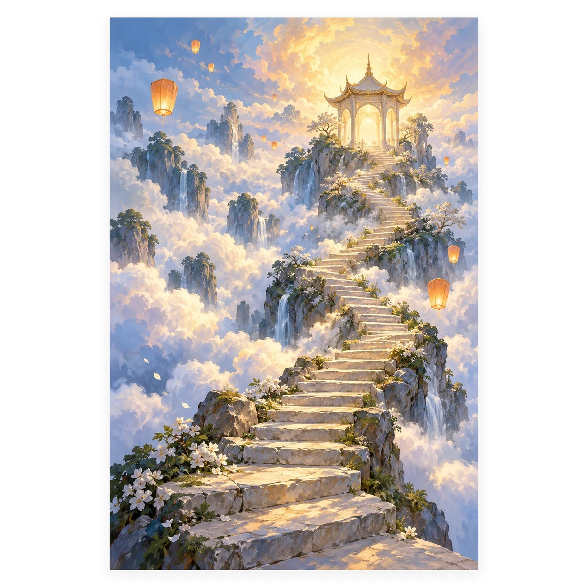 A pale stone staircase rises through bright clouds toward a glowing pavilion, with waterfalls, flowering trees, and floating lanterns. Complete original artwork centered on a white square with original proportions preserved.