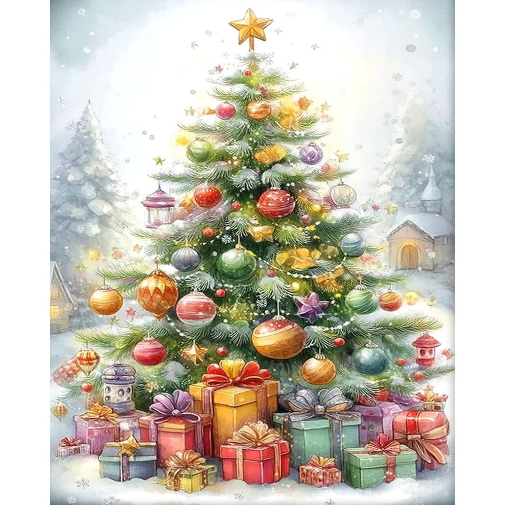 Star Topped Christmas Village paint by numbers original artwork