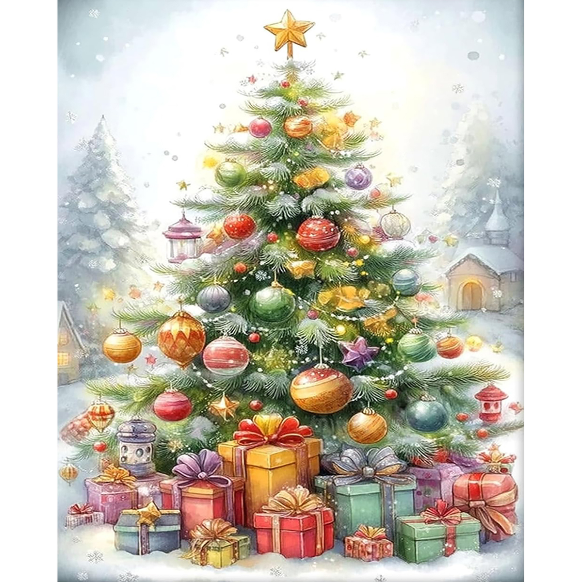 Star Topped Christmas Village paint by numbers original artwork