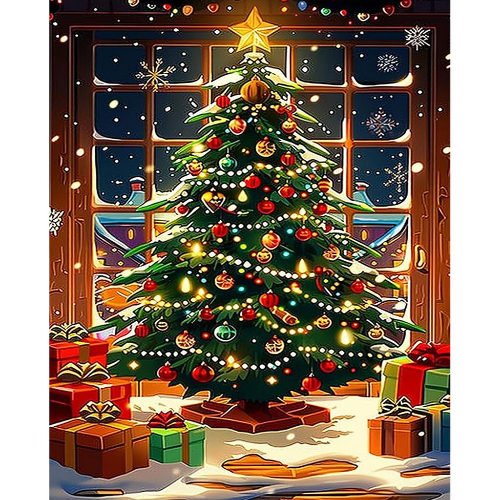Starbright Christmas Tree by the Window paint by numbers original artwork