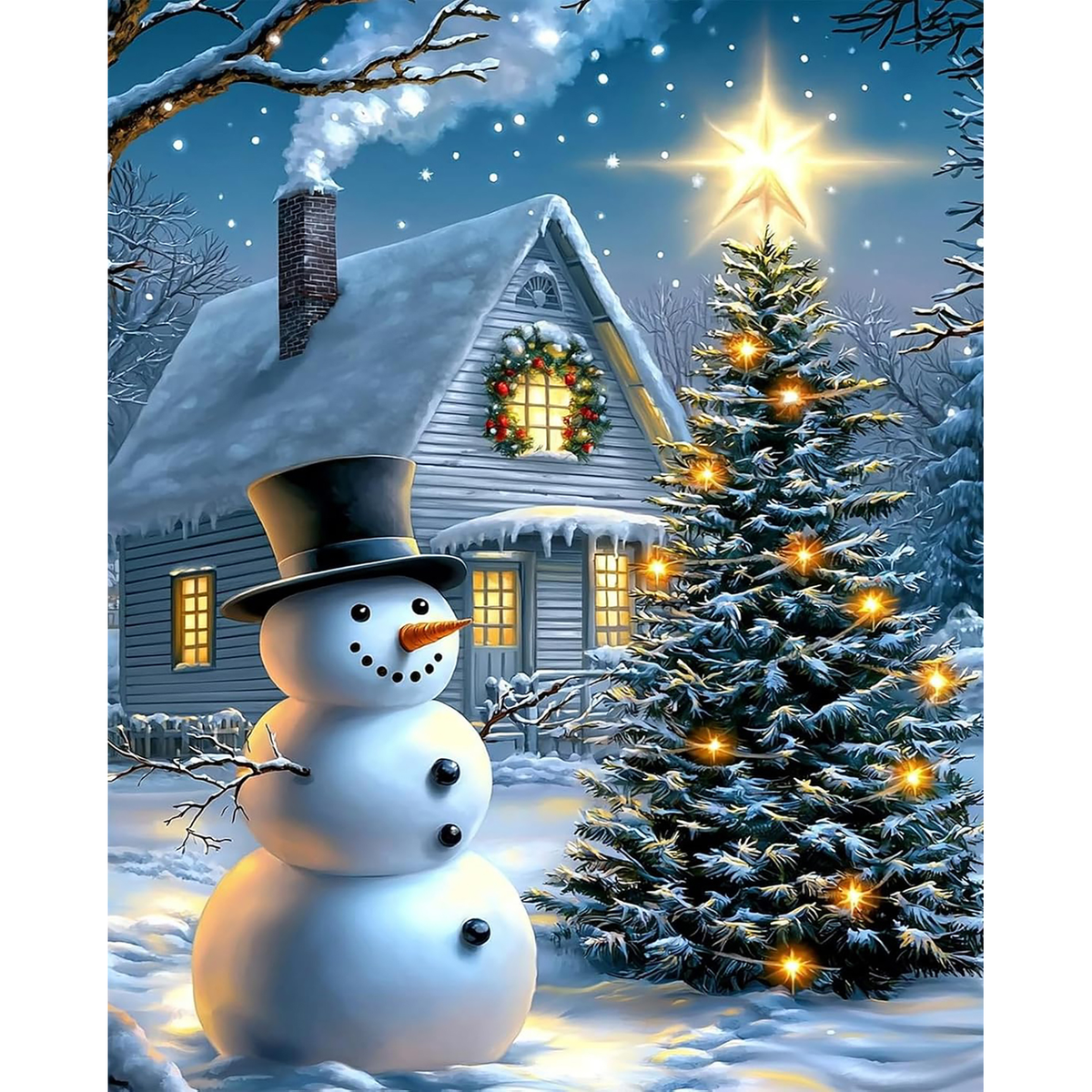 Starlit Christmas Cabin Snowman paint by numbers original artwork