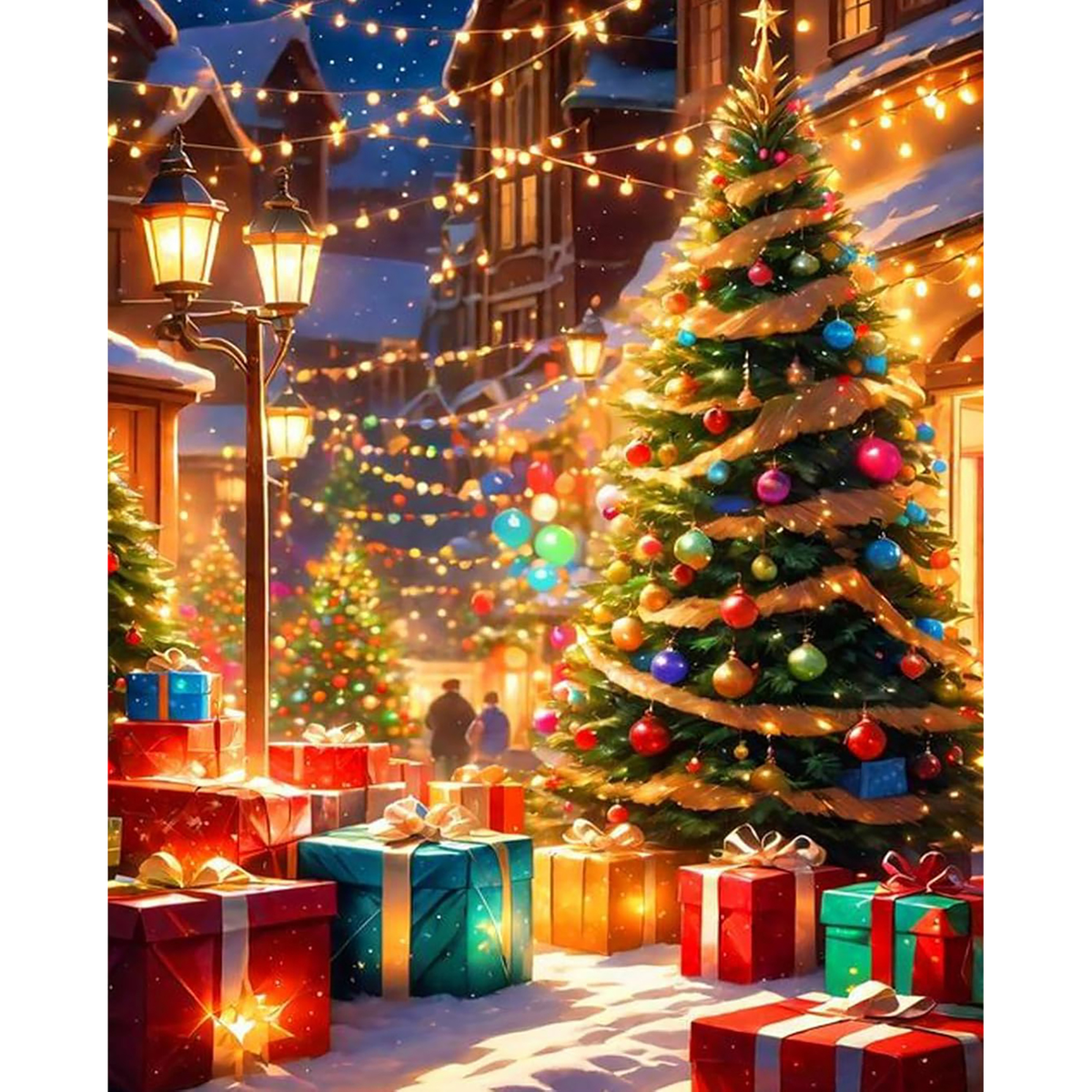 Starlit Christmas Village paint by numbers completed artwork on a clean white background