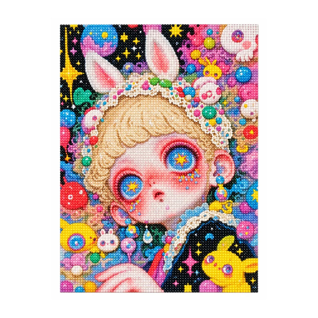 White-background finished diamond painting effect of the starry bunny girl artwork