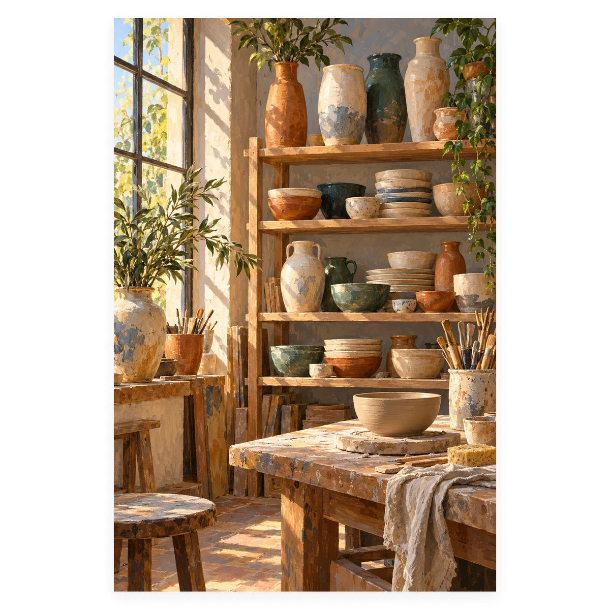 `02-sunlit-pottery-studio-ceramic-shelves-original-white-background.webp` — Full original portrait artwork of a sunlit pottery studio and ceramic shelves on a white square background, preserving the original proportions.
