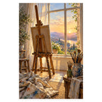 `02-sunrise-lakeside-artist-loft-easel-original-white-background.webp` — Full original portrait artist loft artwork with easel, brush jars, and sunrise lake view on a white square background, preserving original proportions.