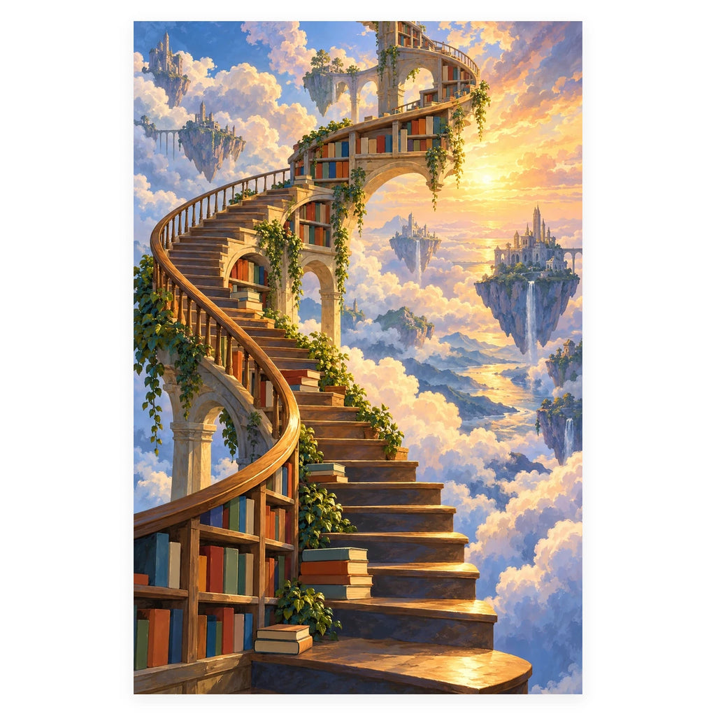 Complete original Surreal Library Floating Stairs artwork centered on a white 1:1 background with the original proportions preserved.
