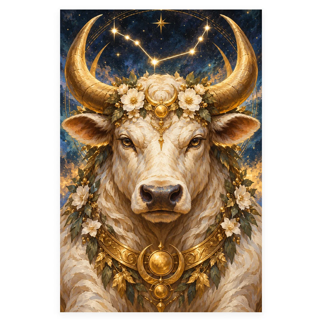 Complete original Taurus Bull Pear Blossoms artwork centered on a white 1:1 background with the original proportions preserved.