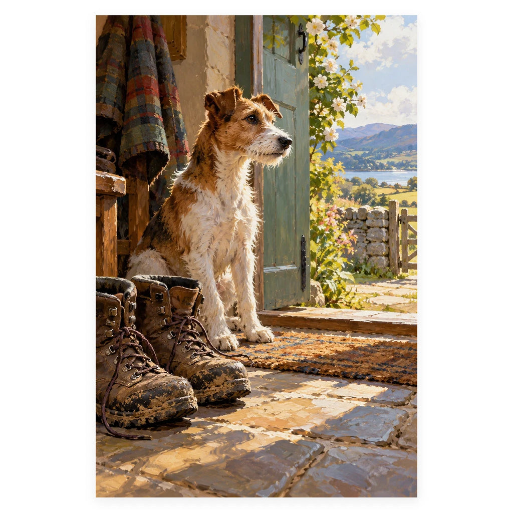 Terrier with Boots by the Door completed artwork on a clean white background