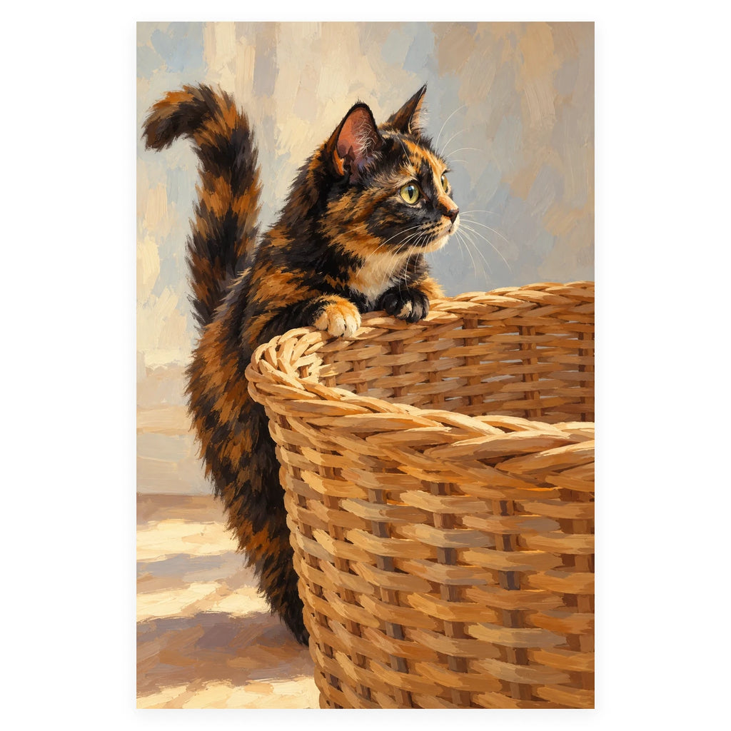 Tortoiseshell Cat in a Woven Basket completed artwork on a clean white background