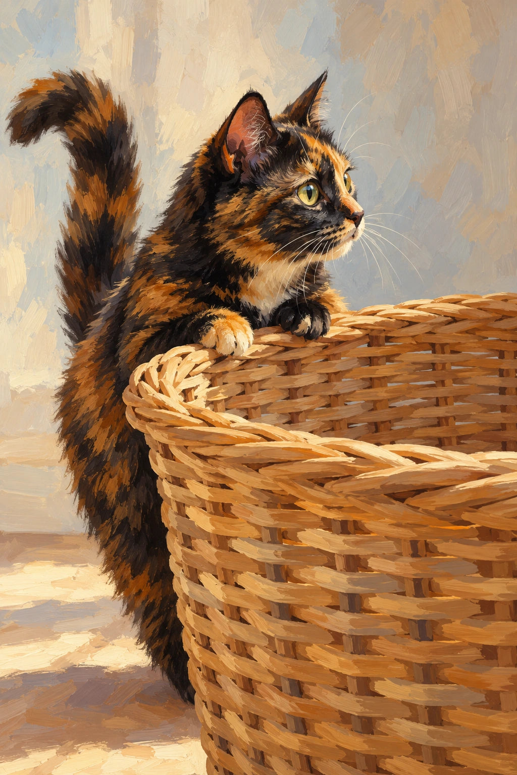 Original Tortoiseshell Cat in a Woven Basket artwork for the paint by numbers kit