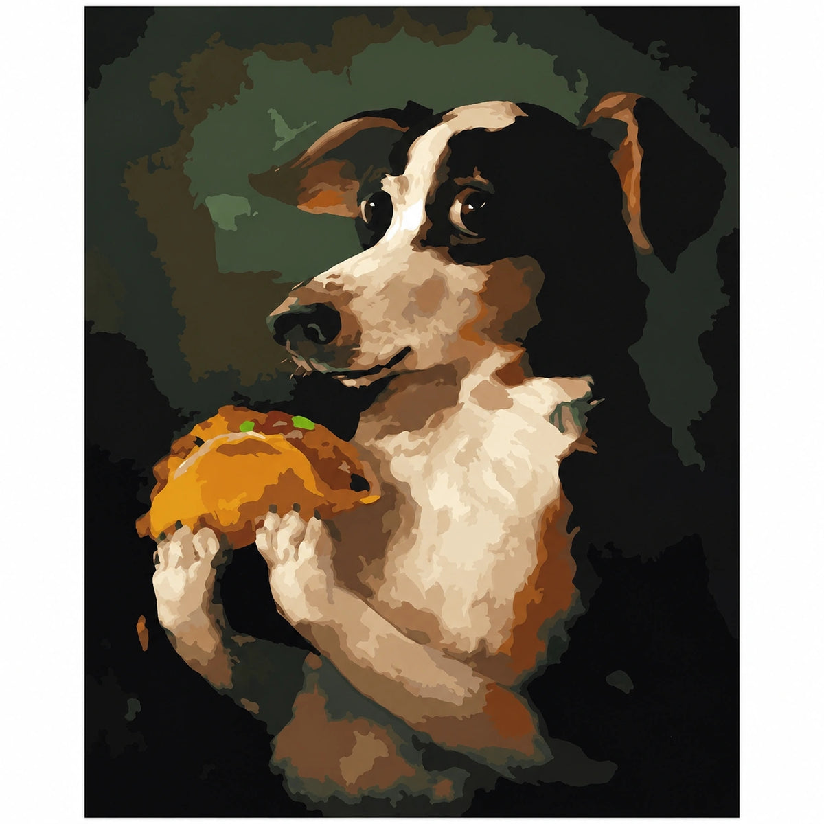Original Tricolor Puppy Holding a Hamburger paint by numbers artwork.
