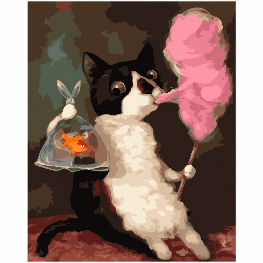Original Tuxedo Cat with Cotton Candy and Goldfish paint by numbers artwork.