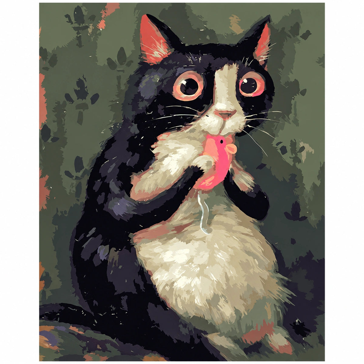 Original Tuxedo Cat with a Pink Toy Mouse paint by numbers artwork.