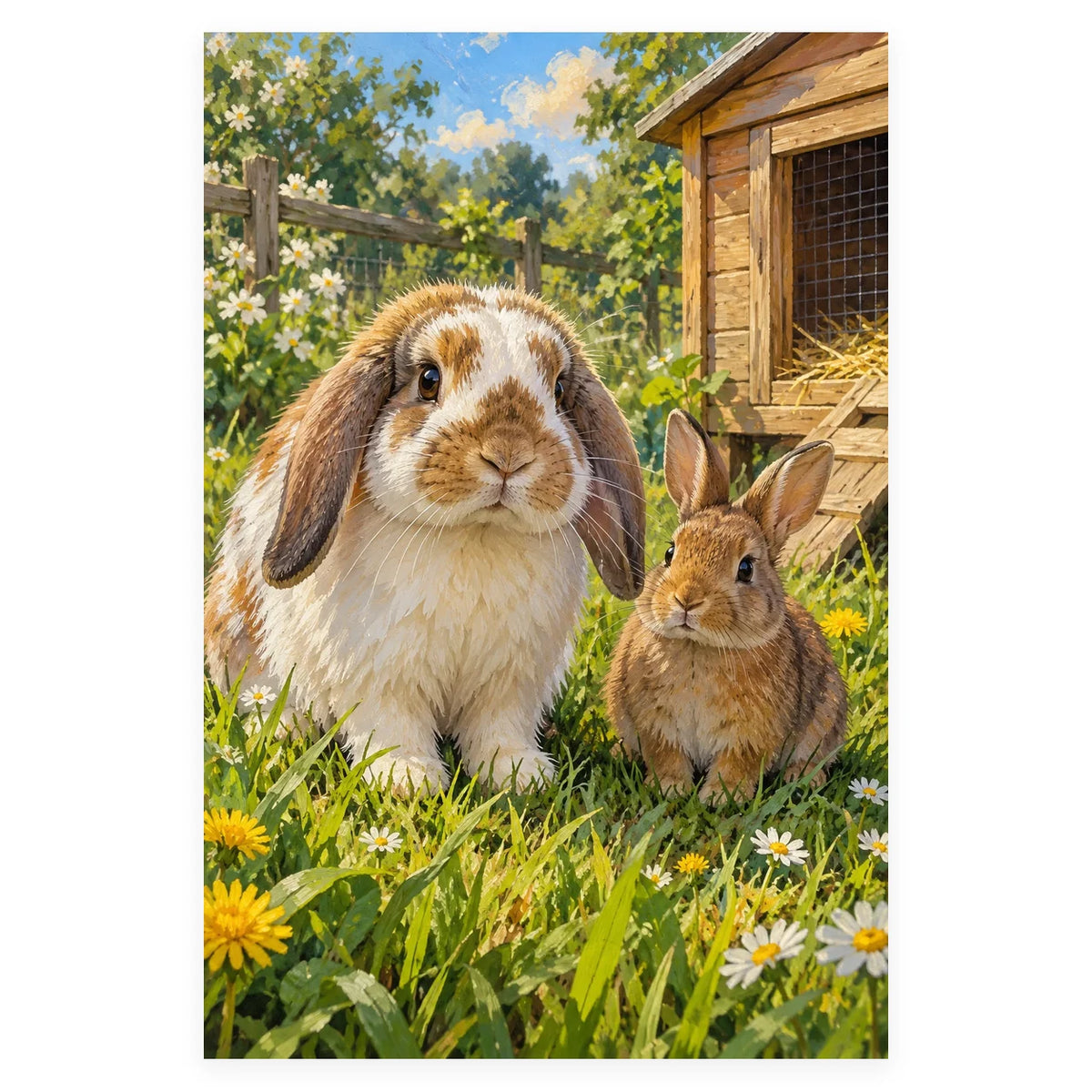 Two Rabbits by a Garden Hutch completed artwork on a clean white background