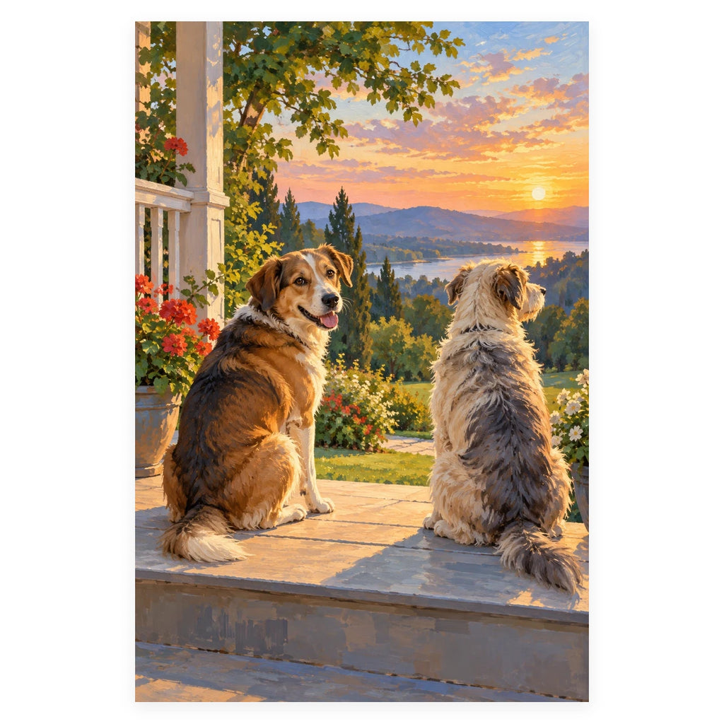 Two Shelter Dogs on a Porch completed artwork on a clean white background