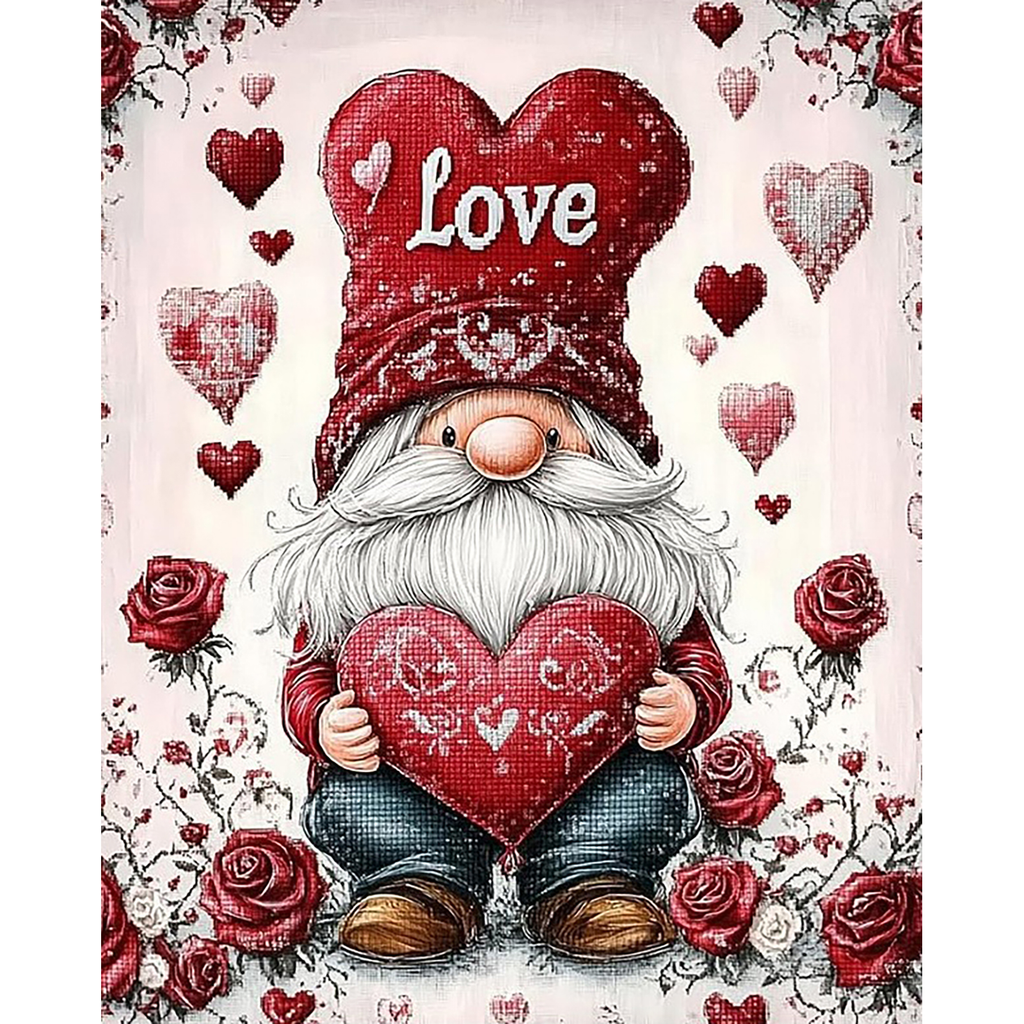 Valentine Gnome Heart paint by numbers completed artwork on a clean white background