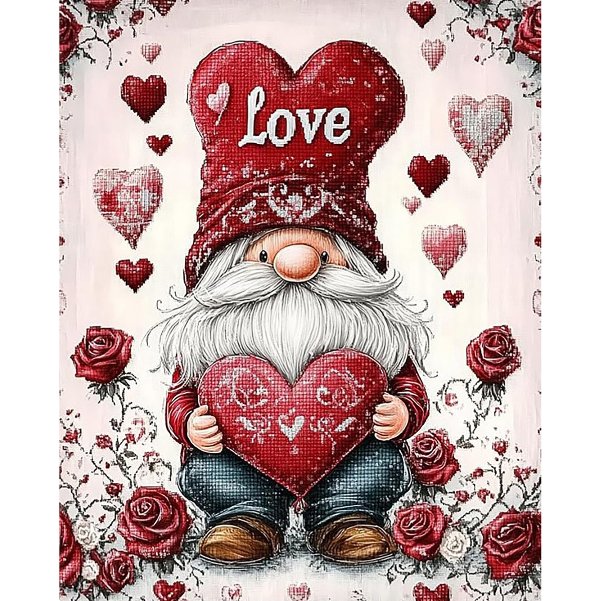 Valentine Gnome Heart paint by numbers completed artwork on a clean white background