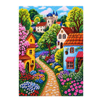 White-background finished diamond painting of a colorful village lane beneath pink blossoms