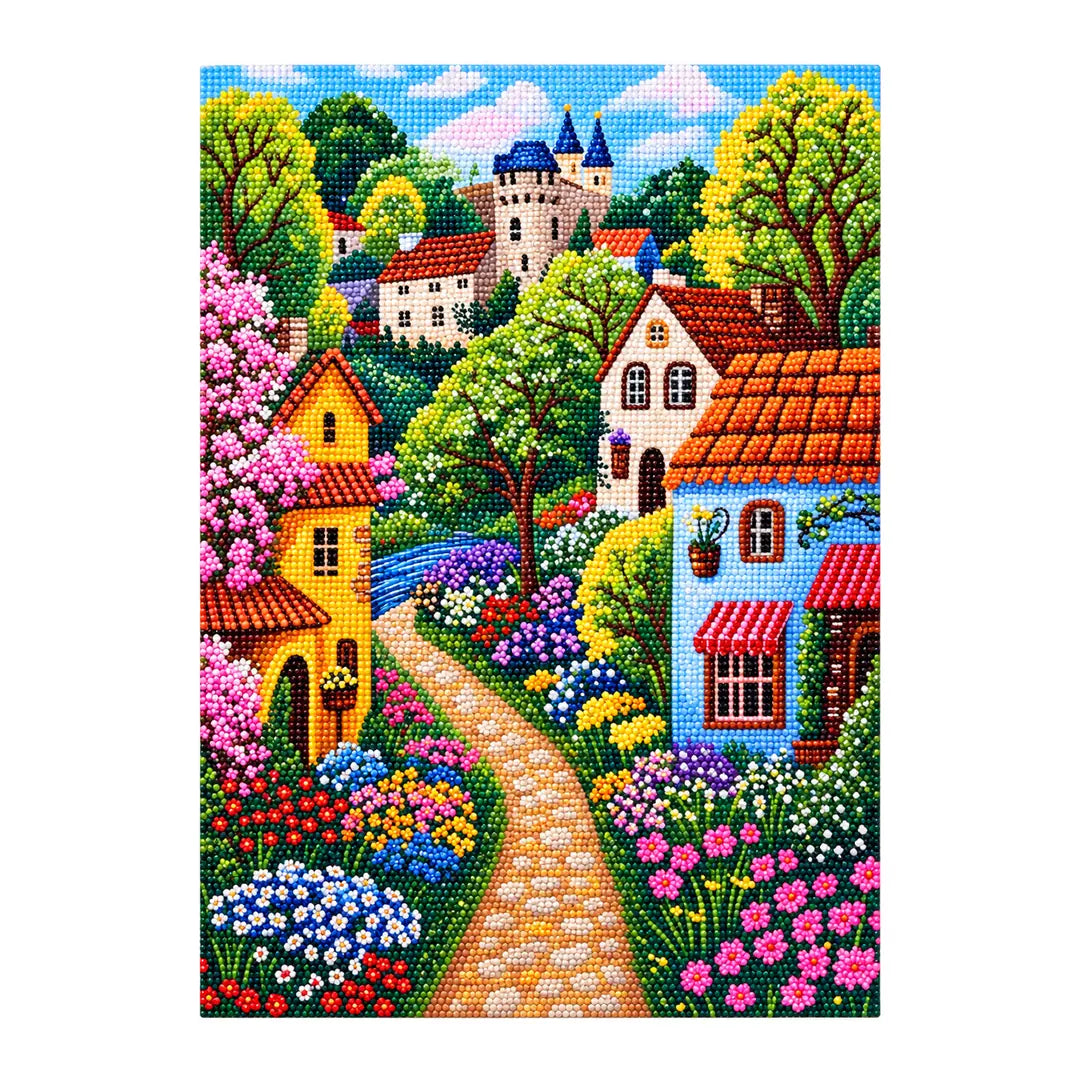 White-background finished diamond painting of a colorful village lane beneath pink blossoms