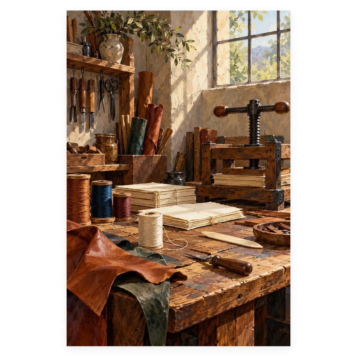 `02-vintage-bookbinding-workshop-hand-press-original-white-background.webp` — Full original portrait bookbinding workshop artwork with a hand press, paper stacks, spools, and leather on a white square background, preserving original proportions.