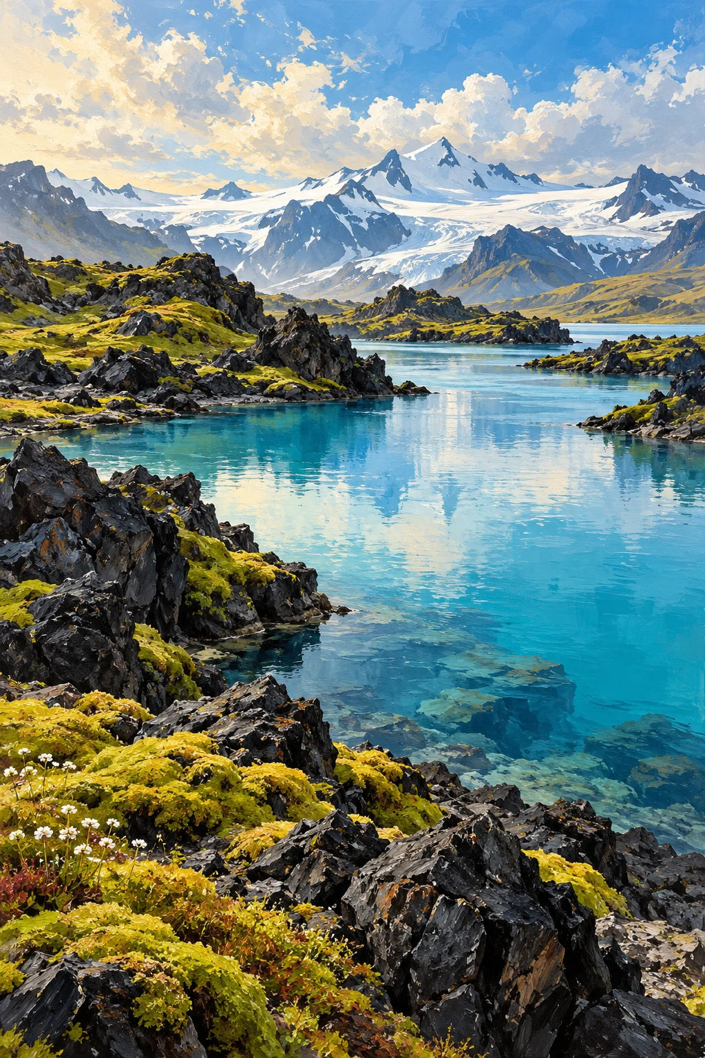 Volcanic Lava Field Blue Lake completed artwork on a clean white background