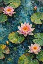 Original portrait artwork of pink water lilies, green lily pads, and rain rings on a dark teal pond