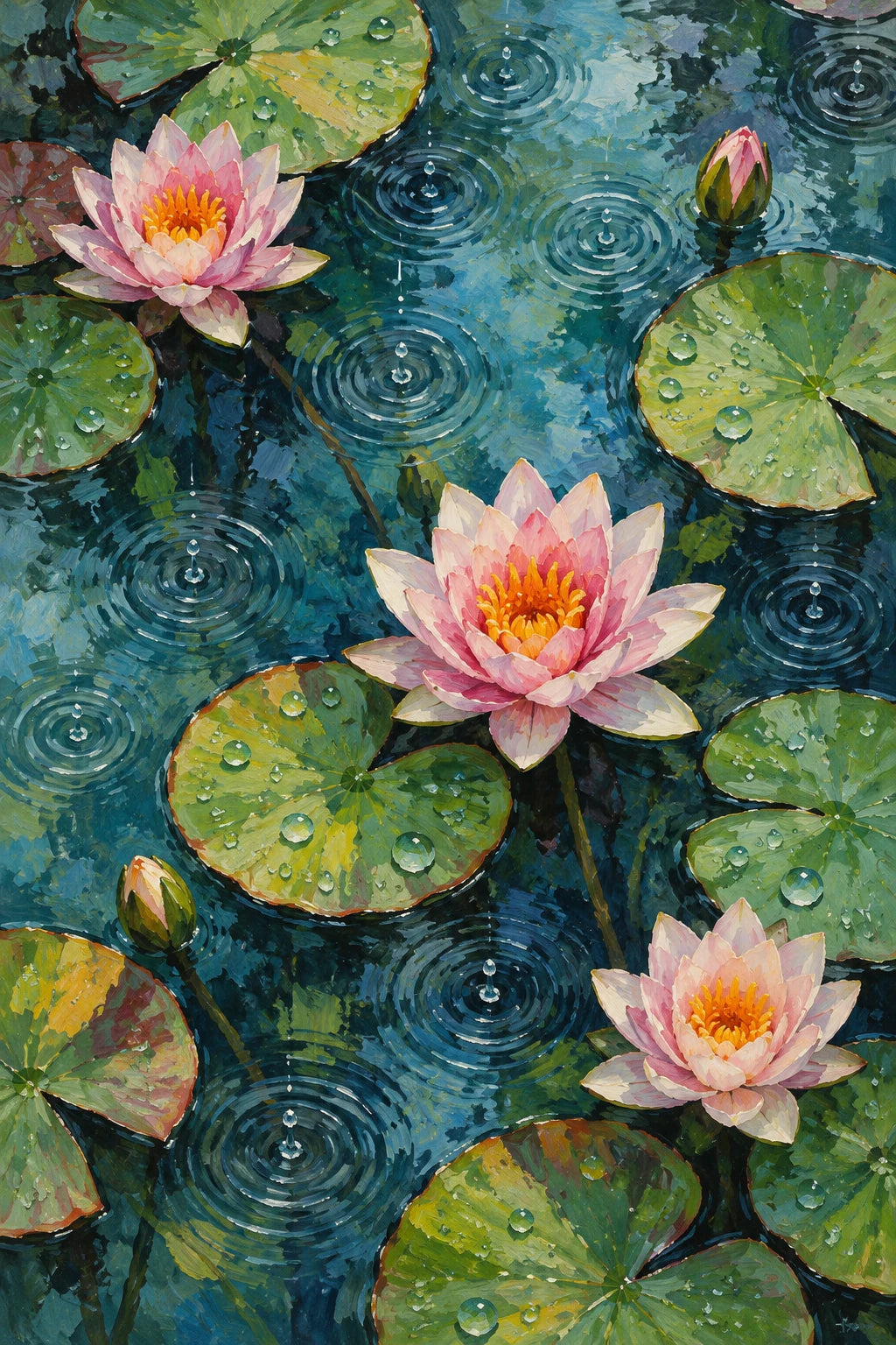 Original portrait artwork of pink water lilies, green lily pads, and rain rings on a dark teal pond