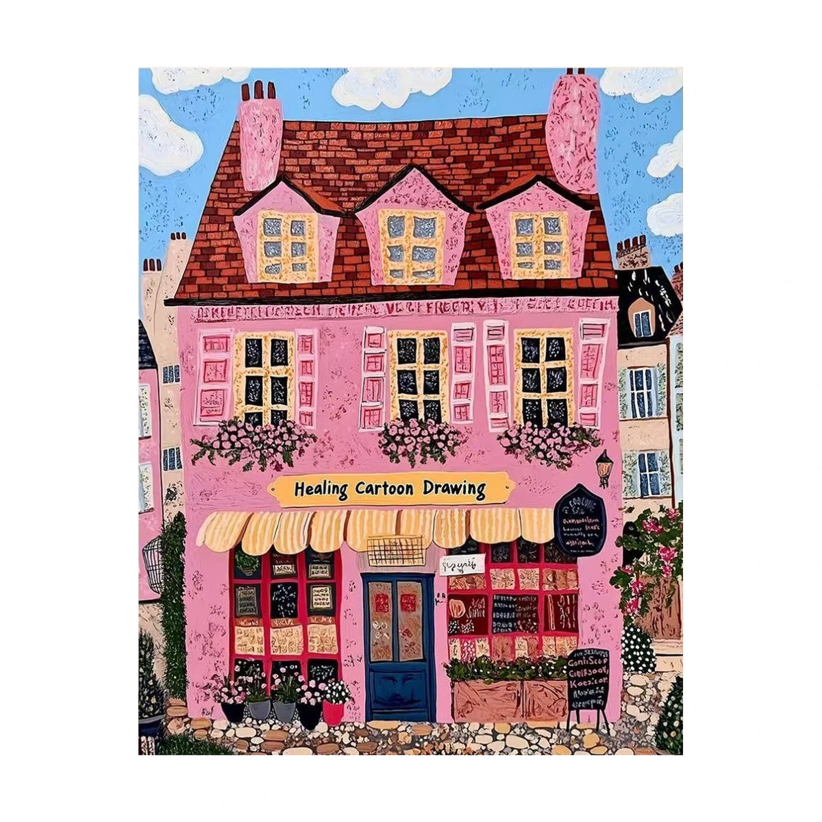Original Whimsical Pink Bakery Storefront Paint by Numbers design displayed on a clean white background