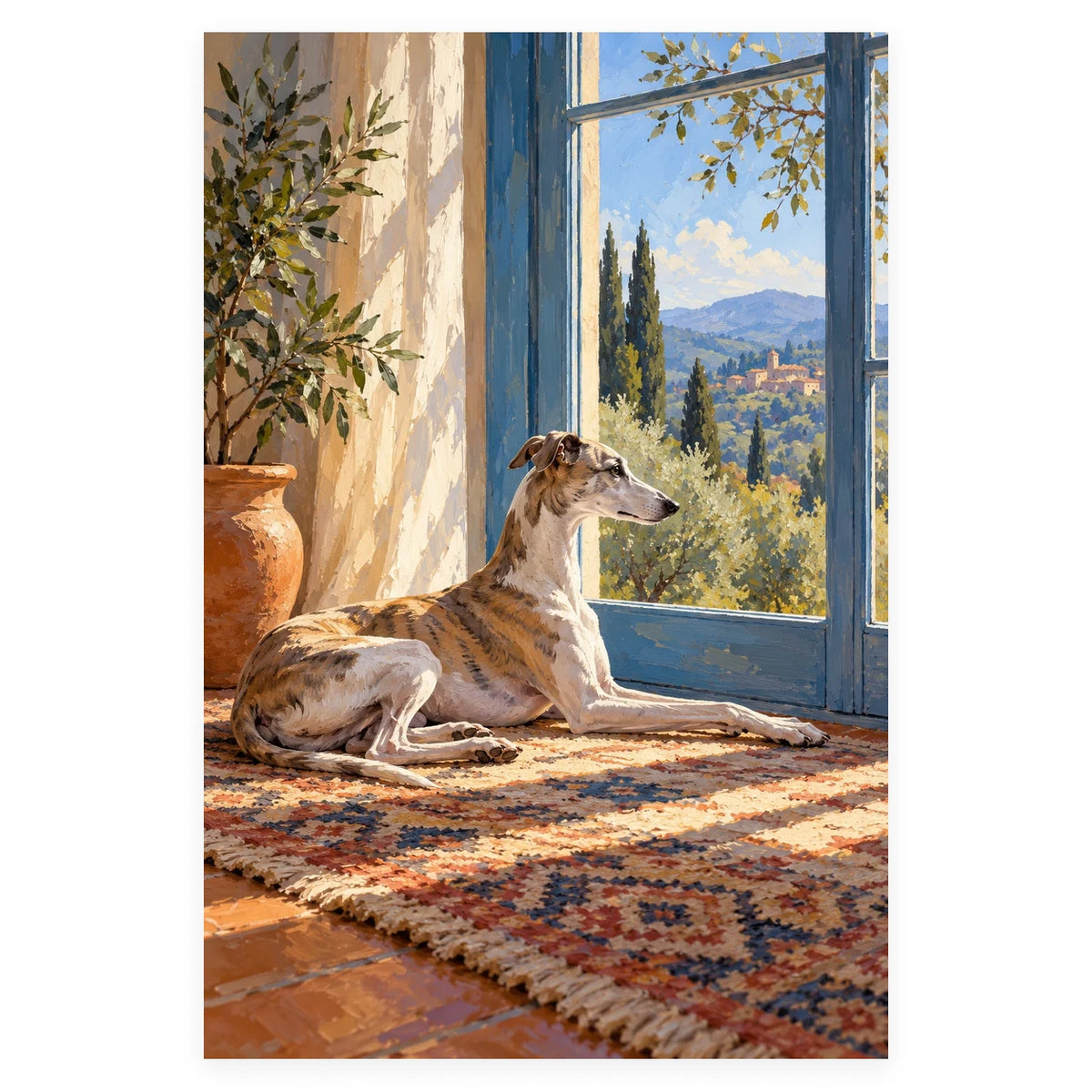 Whippet by a Blue Window completed artwork on a clean white background