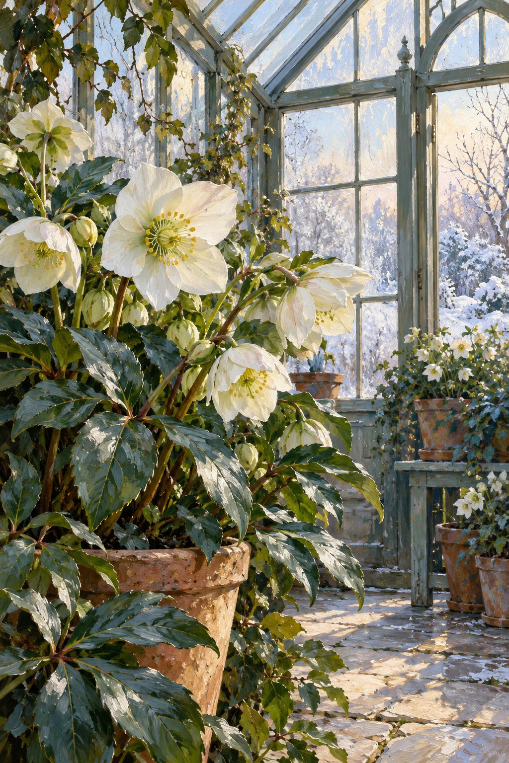 White Hellebore Greenhouse completed artwork with pale hellebore flowers and glasshouse windows on a clean white background.