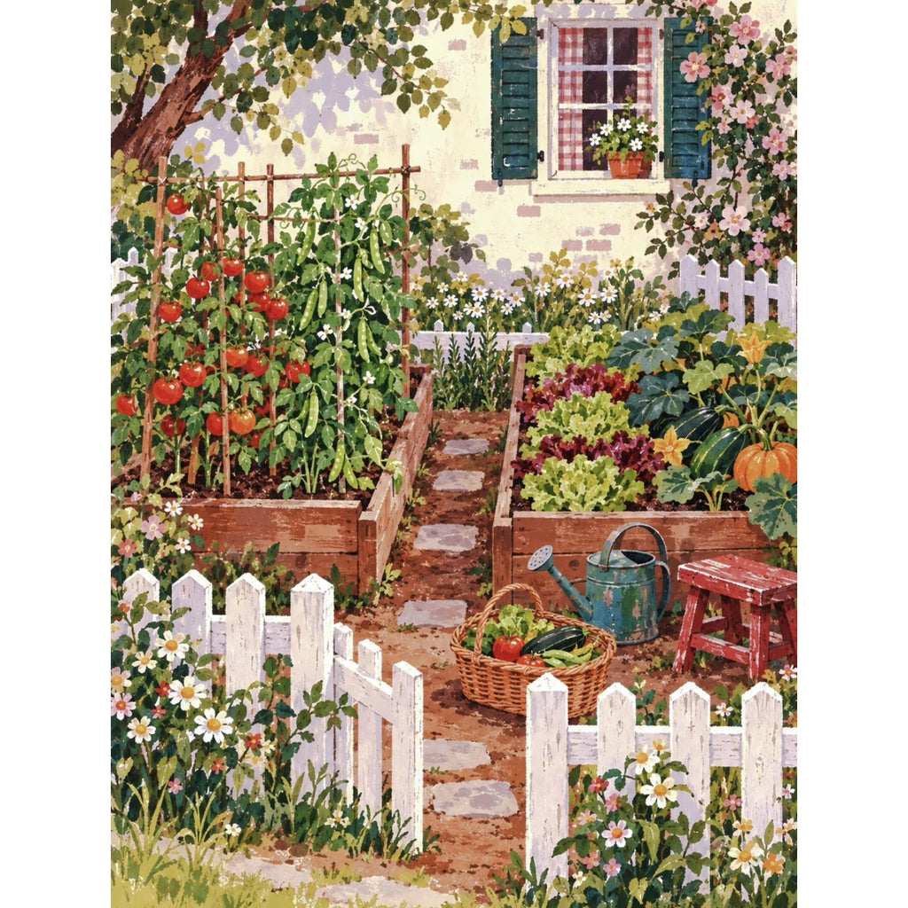Original White Picket Cottage Vegetable Garden completed paint by numbers artwork.