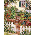 Original White Picket Cottage Vegetable Garden completed paint by numbers artwork.