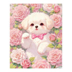 White Poodle Pink Rose Garden completed artwork on a clean white background