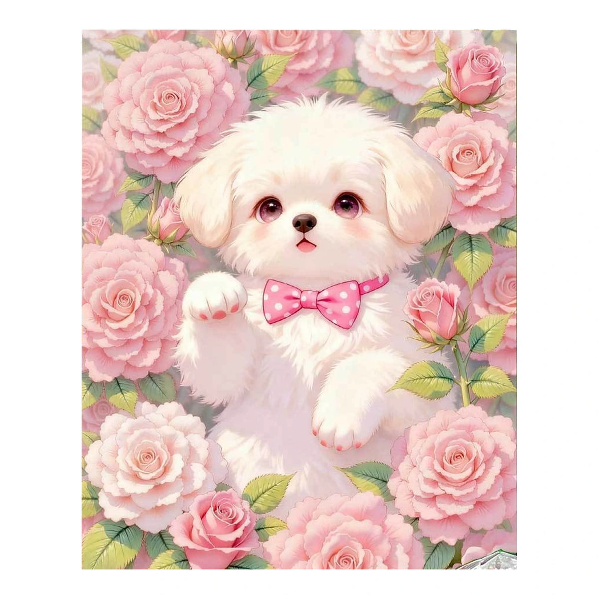 White Poodle Pink Rose Garden completed artwork on a clean white background