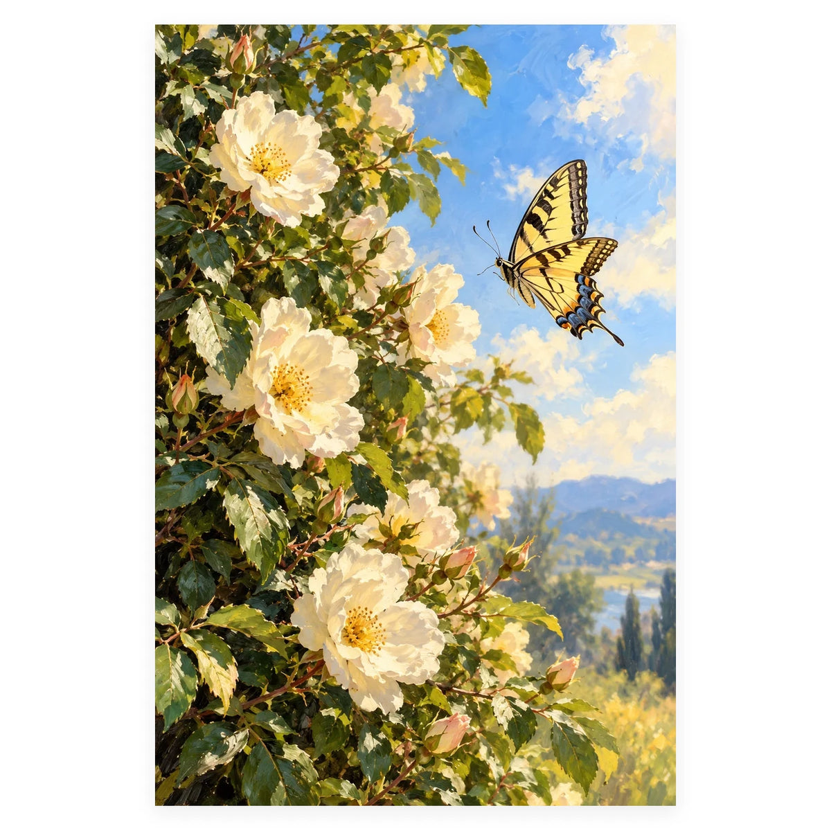 Wild Rose Hedge and Butterfly completed artwork on a clean white background
