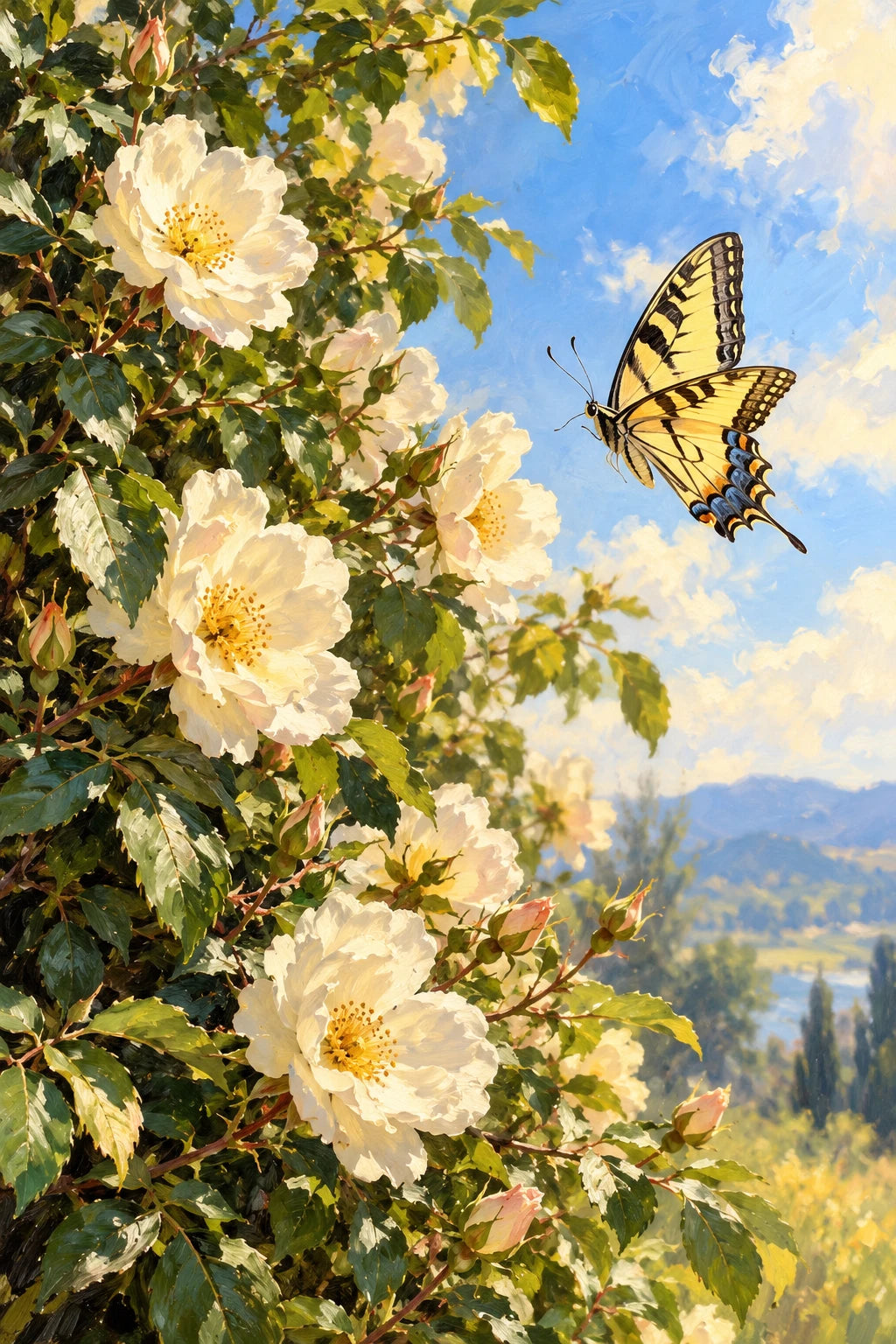 Original artwork of ivory wild roses and green leaves with a yellow butterfly against a blue sky.