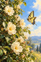 Original artwork of ivory wild roses and green leaves with a yellow butterfly against a blue sky.