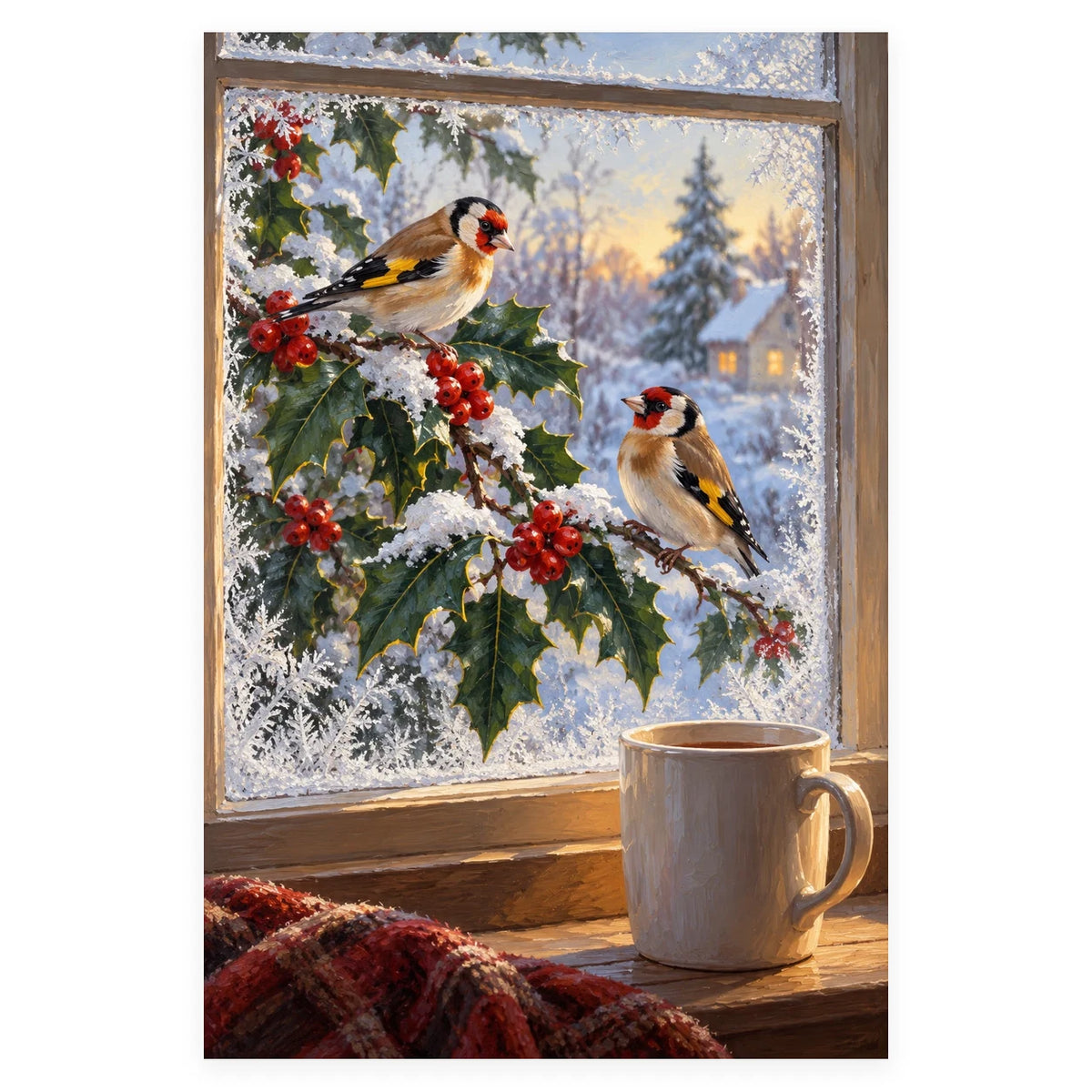 Complete original Winter Birds Holly Window artwork centered on a white 1:1 background with the original proportions preserved