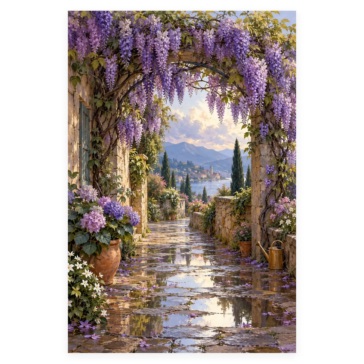 Wisteria Arch After Rain completed artwork on a clean white background