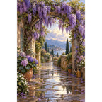Completed Wisteria Arch After Rain artwork with purple wisteria, reflective stone path, lake, and mountains on a clean white background